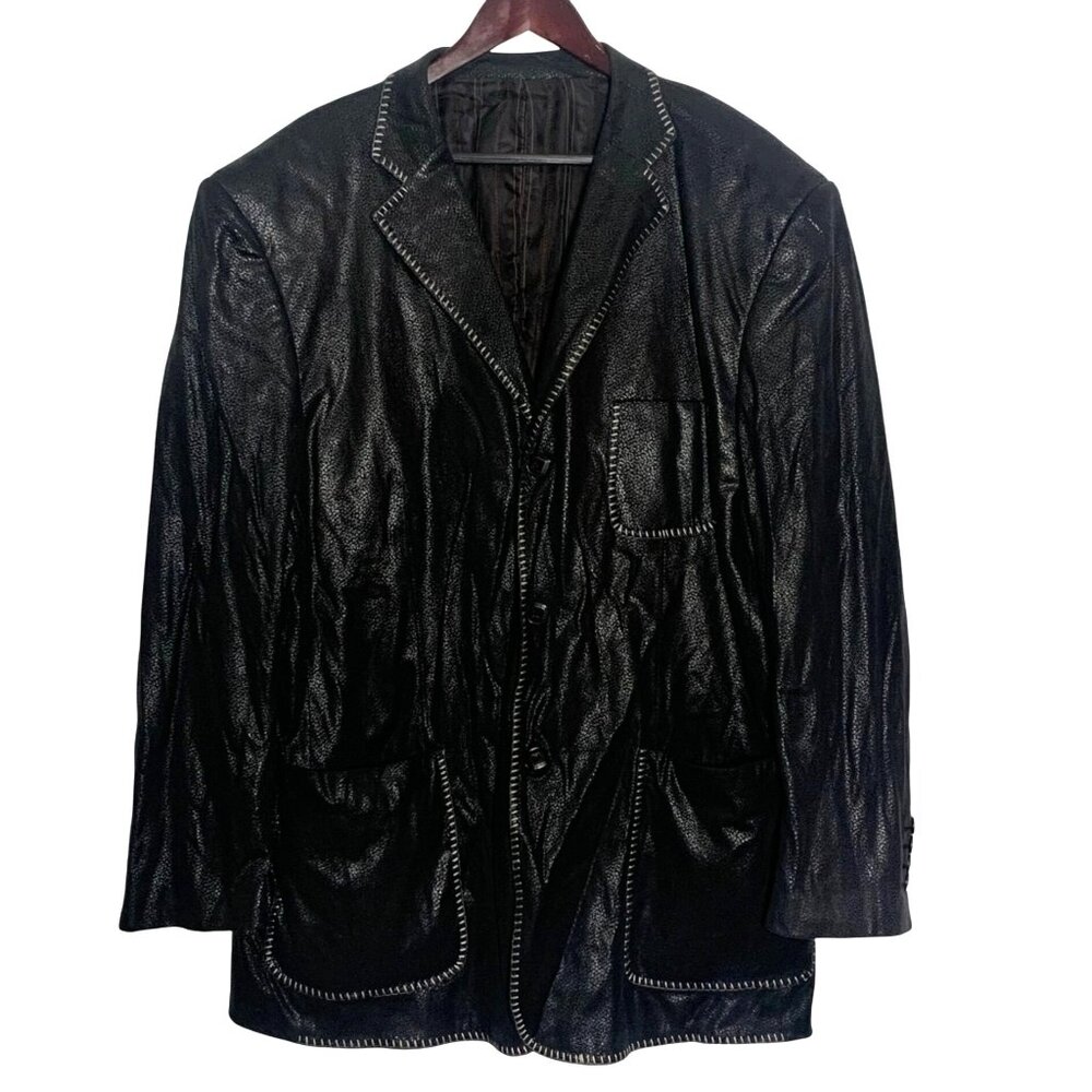 VENEZZI Fine Mens Wear Black Textured Faux Leather Blazer Jacket XXL Stitching